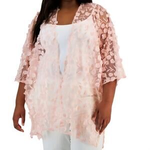 Anne Klein Pink 3D Floral-Applique Embroidered Sheer Oversized Cardigan Sz L/XL